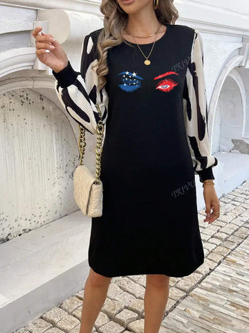 Blue Red-Eye Print Pattern, Casual Crew-Neck Long-Sleeved Dress, Autumn Women's Wear