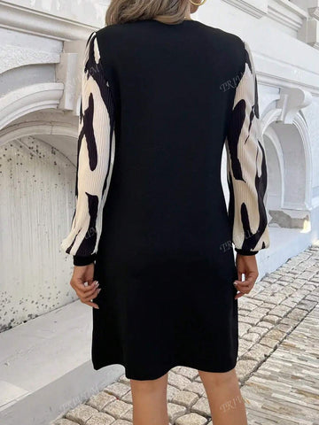 Blue Red-Eye Print Pattern, Casual Crew-Neck Long-Sleeved Dress, Autumn Women's Wear