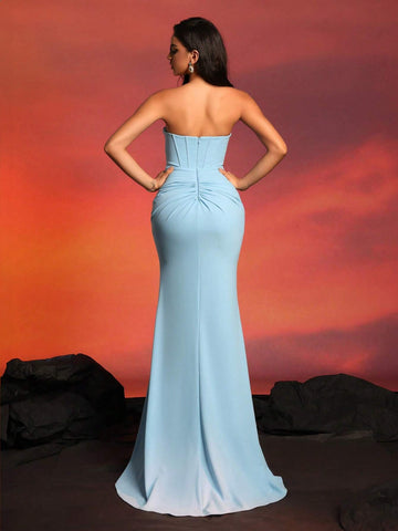 Blue Strapless Pleated High Waist Slit Women's Evening Dress Gown