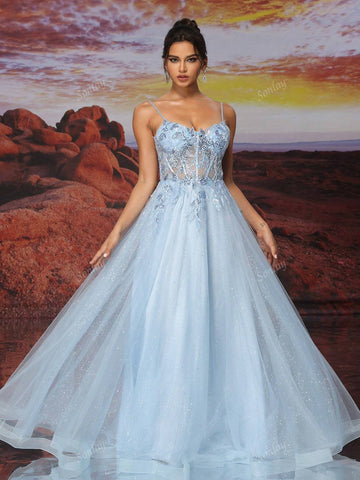 Blue Tulle Slip Dress Long A Line Sparkly Bead Embroidery Prom Dress