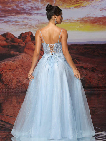 Blue Tulle Slip Dress Long A Line Sparkly Bead Embroidery Prom Dress