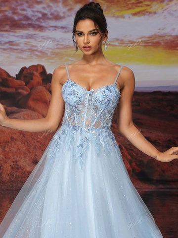 Blue Tulle Slip Dress Long A Line Sparkly Bead Embroidery Prom Dress