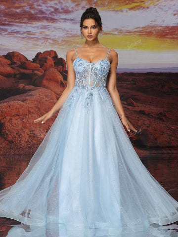 Blue Tulle Slip Dress Long A Line Sparkly Bead Embroidery Prom Dress