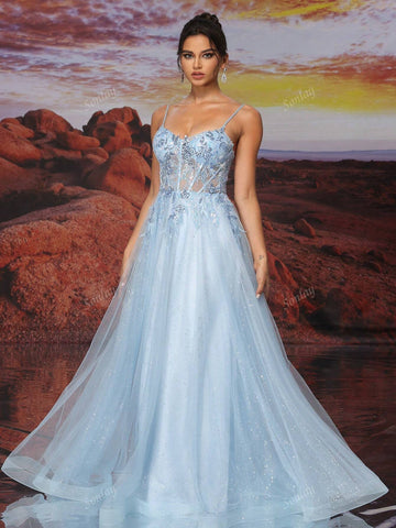 Blue Tulle Slip Dress Long A Line Sparkly Bead Embroidery Prom Dress