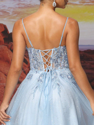 Blue Tulle Slip Dress Long A Line Sparkly Bead Embroidery Prom Dress
