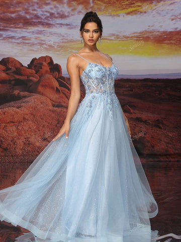 Blue Tulle Slip Dress Long A Line Sparkly Bead Embroidery Prom Dress