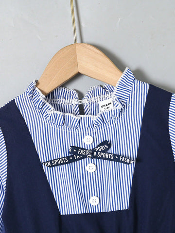 Blue & White Striped Ruffled Collar Front, Black Letter Ribbon Bow Decor, White 4-Eyelet Closure Back, Indigo Solid Color Spaghetti Strap A-Line Dress