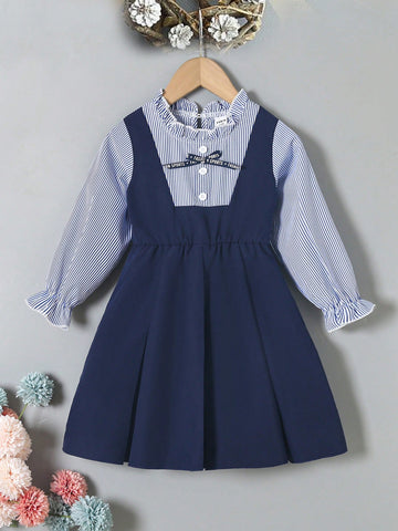 Blue & White Striped Ruffled Collar Front, Black Letter Ribbon Bow Decor, White 4-Eyelet Closure Back, Indigo Solid Color Spaghetti Strap A-Line Dress
