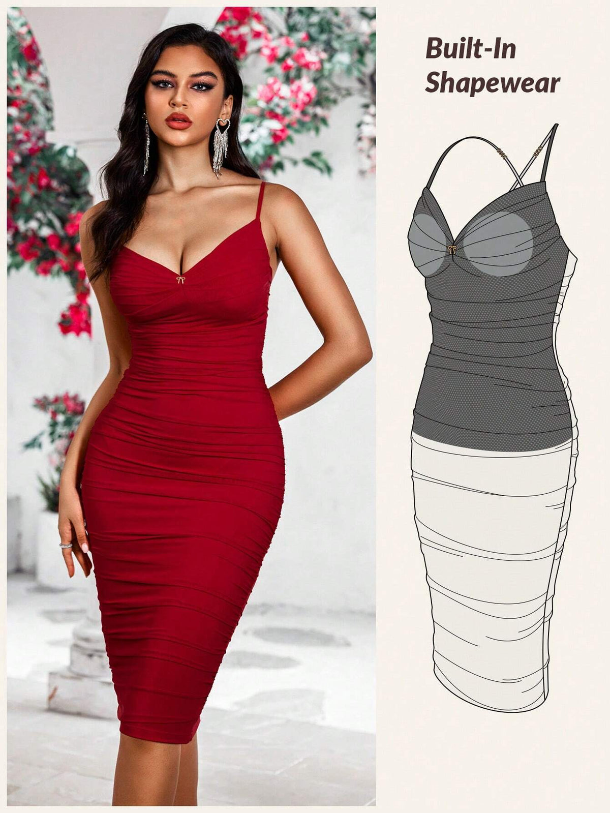 Bodycon Midi Spaghetti Straps V-Neck Ruched Form-Fitting Sexy Cocktail Party Attire Chic Shapewear Dress, Elegant Prom Semi Formal Dress, For Birthday, Wedding Guest, Graduation, Dinner, Homecoming