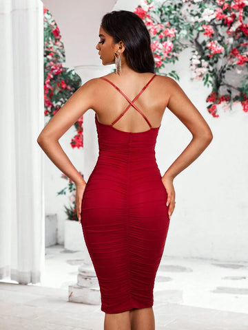 Bodycon Midi Spaghetti Straps V-Neck Ruched Form-Fitting Sexy Cocktail Party Attire Chic Shapewear Dress, Elegant Prom Semi Formal Dress, For Birthday, Wedding Guest, Graduation, Dinner, Homecoming