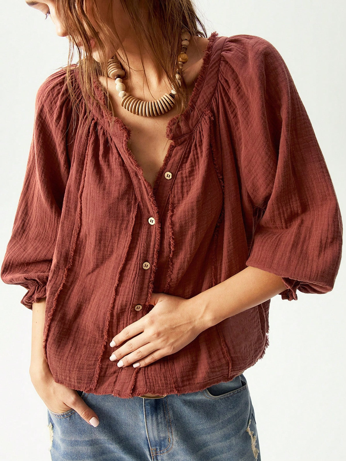 Bohemela Casual Solid Color V-Neck Mid-Sleeve Loose Woven Women's Blouse