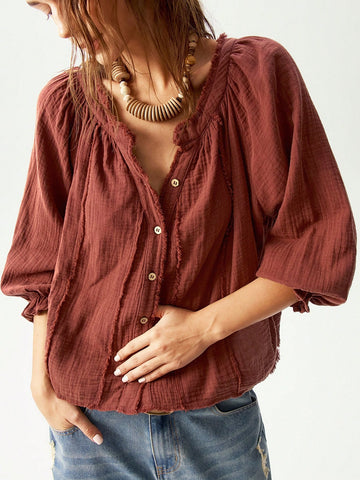 Bohemela Casual Solid Color V-Neck Mid-Sleeve Loose Woven Women's Blouse
