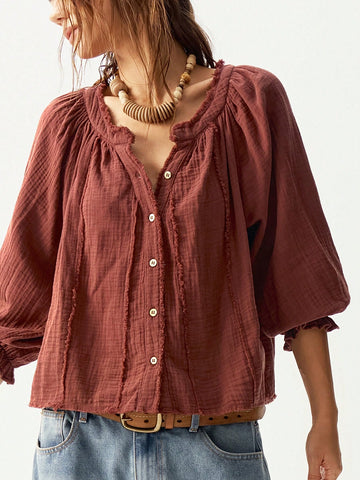 Bohemela Casual Solid Color V-Neck Mid-Sleeve Loose Woven Women's Blouse
