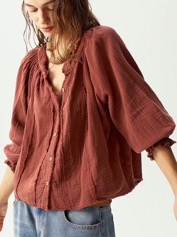 Bohemela Casual Solid Color V-Neck Mid-Sleeve Loose Woven Women's Blouse