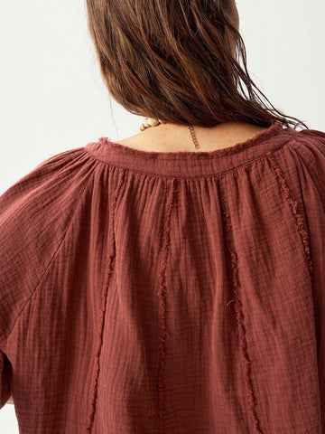 Bohemela Casual Solid Color V-Neck Mid-Sleeve Loose Woven Women's Blouse