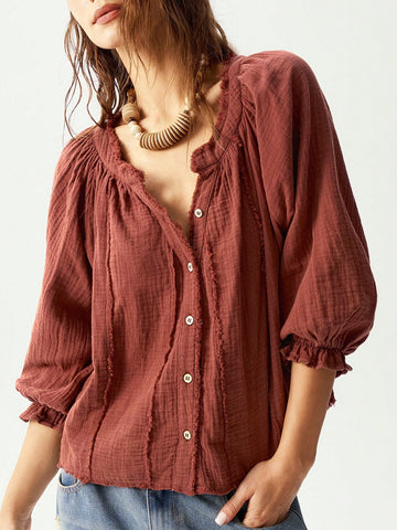 Bohemela Casual Solid Color V-Neck Mid-Sleeve Loose Woven Women's Blouse