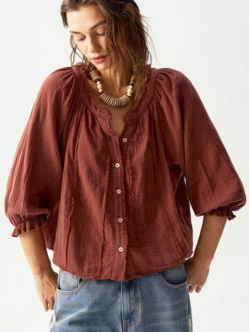 Bohemela Casual Solid Color V-Neck Mid-Sleeve Loose Woven Women's Blouse