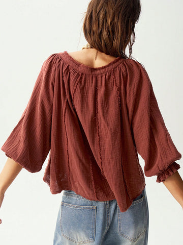 Bohemela Casual Solid Color V-Neck Mid-Sleeve Loose Woven Women's Blouse