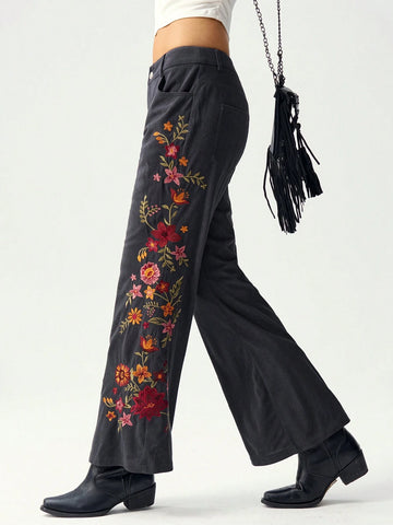 Bohemela Floral Embroidery Decor Low-Waist Flare Pants For Women, Vacation