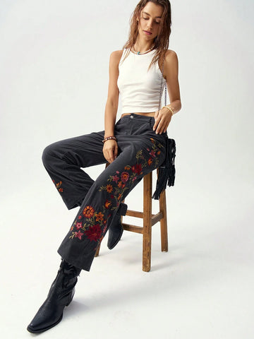 Bohemela Floral Embroidery Decor Low-Waist Flare Pants For Women, Vacation