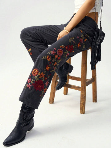 Bohemela Floral Embroidery Decor Low-Waist Flare Pants For Women, Vacation