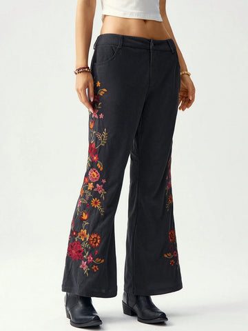 Bohemela Floral Embroidery Decor Low-Waist Flare Pants For Women, Vacation