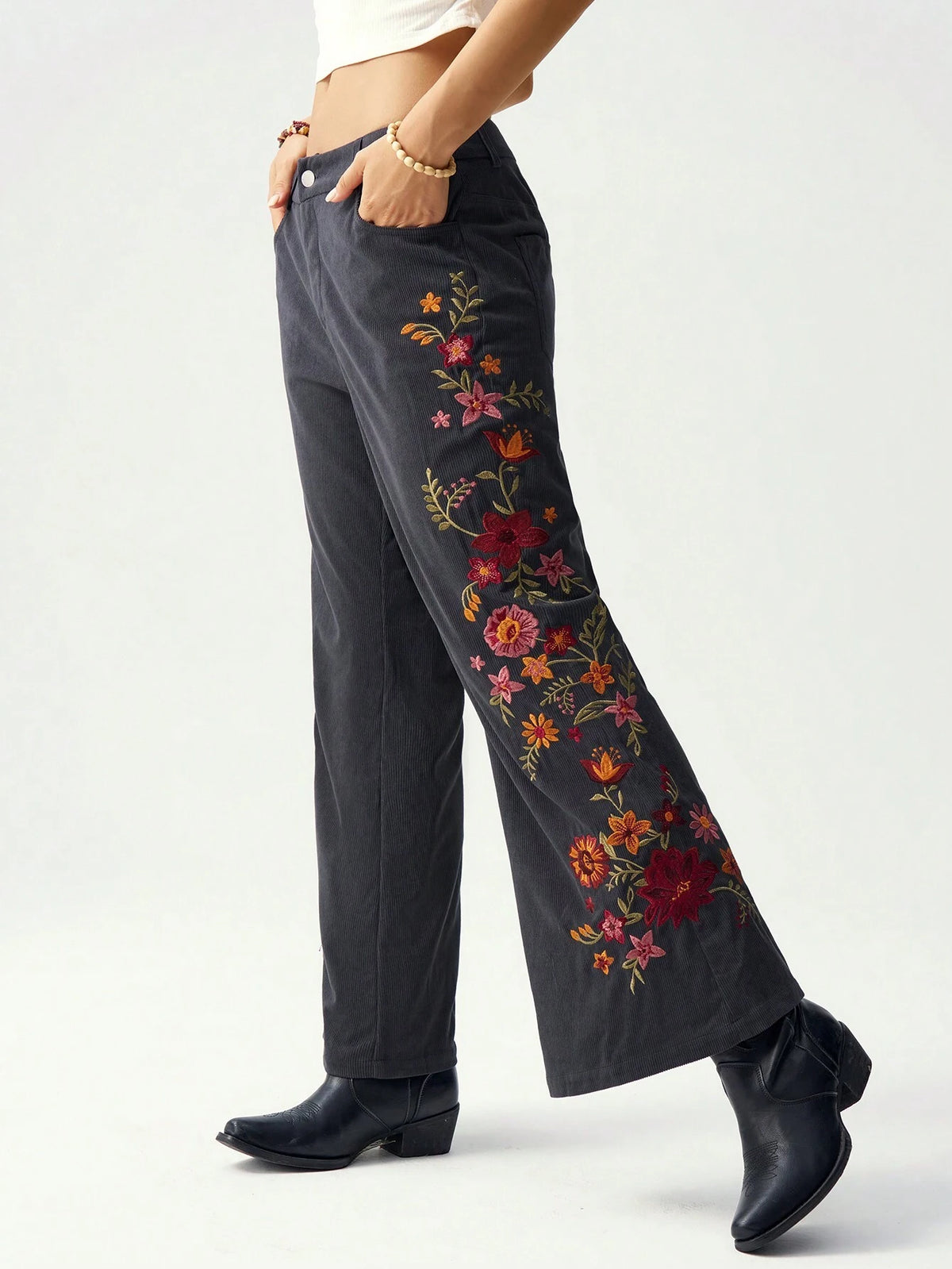 Bohemela Floral Embroidery Decor Low-Waist Flare Pants For Women, Vacation