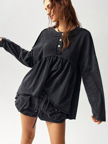 Oversized Vacation Knit Drop Shoulder Round Neck Asymmetrical Hem Washed Women T-Shirt