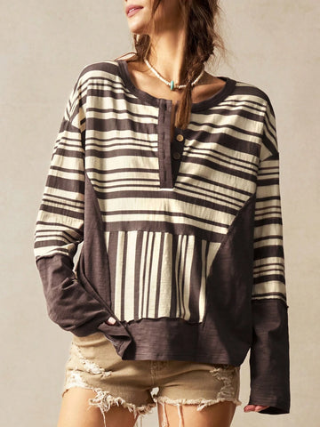 Bohemela Vacation Casual Solid Color Knit Patchwork Woven Striped Lapel Off Shoulder Long Sleeve Loose Women Blouse