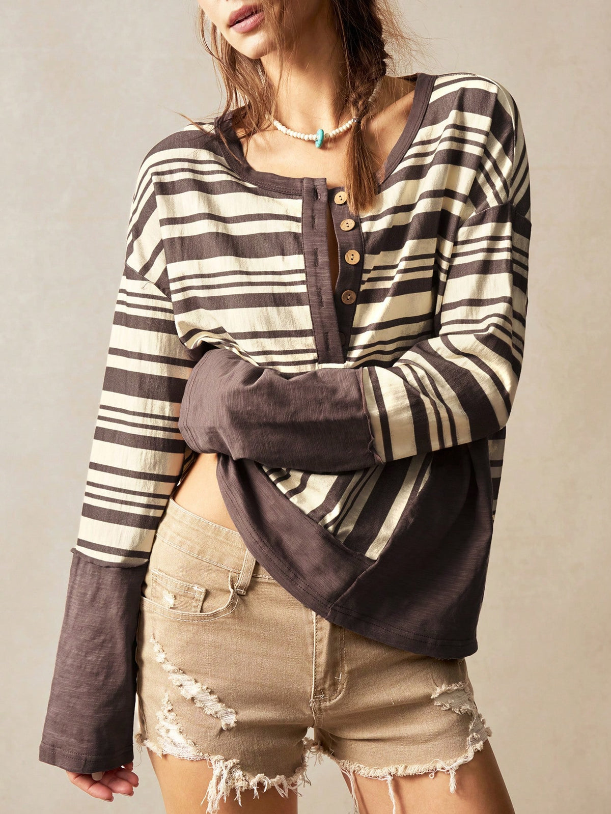 Bohemela Vacation Casual Solid Color Knit Patchwork Woven Striped Lapel Off Shoulder Long Sleeve Loose Women Blouse