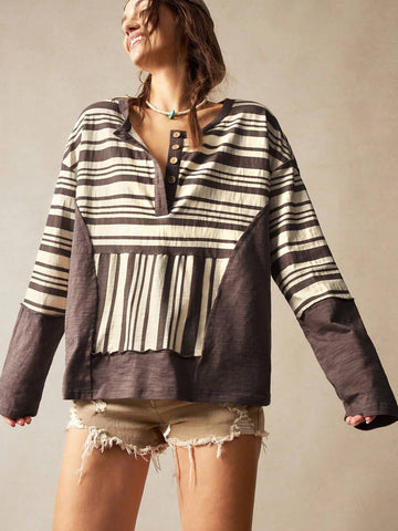 Bohemela Vacation Casual Solid Color Knit Patchwork Woven Striped Lapel Off Shoulder Long Sleeve Loose Women Blouse