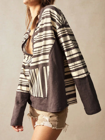 Bohemela Vacation Casual Solid Color Knit Patchwork Woven Striped Lapel Off Shoulder Long Sleeve Loose Women Blouse