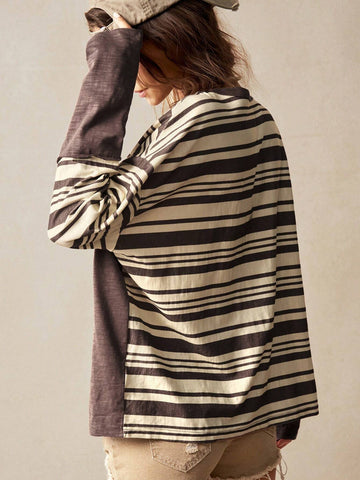 Bohemela Vacation Casual Solid Color Knit Patchwork Woven Striped Lapel Off Shoulder Long Sleeve Loose Women Blouse