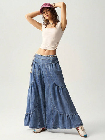 Bohemela Vacation Patchwork Loose Wide Leg Jeans For Women