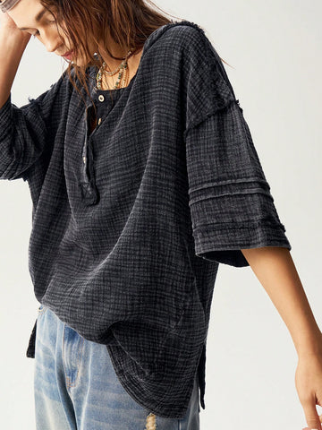 Bohemela Women Casual Solid Color Fringe Side Slit Short Sleeve Shirt