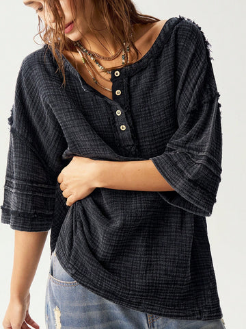 Bohemela Women Casual Solid Color Fringe Side Slit Short Sleeve Shirt