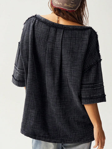 Bohemela Women Casual Solid Color Fringe Side Slit Short Sleeve Shirt