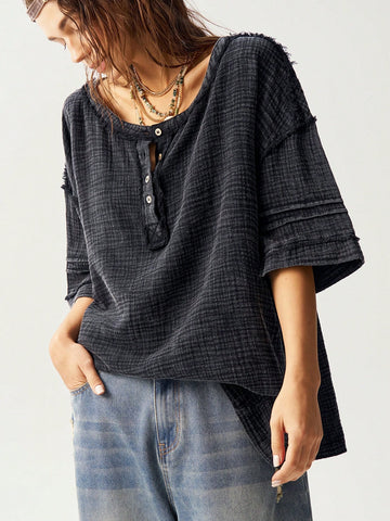 Bohemela Women Casual Solid Color Fringe Side Slit Short Sleeve Shirt