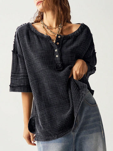 Bohemela Women Casual Solid Color Fringe Side Slit Short Sleeve Shirt