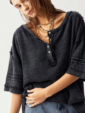 Bohemela Women Casual Solid Color Fringe Side Slit Short Sleeve Shirt