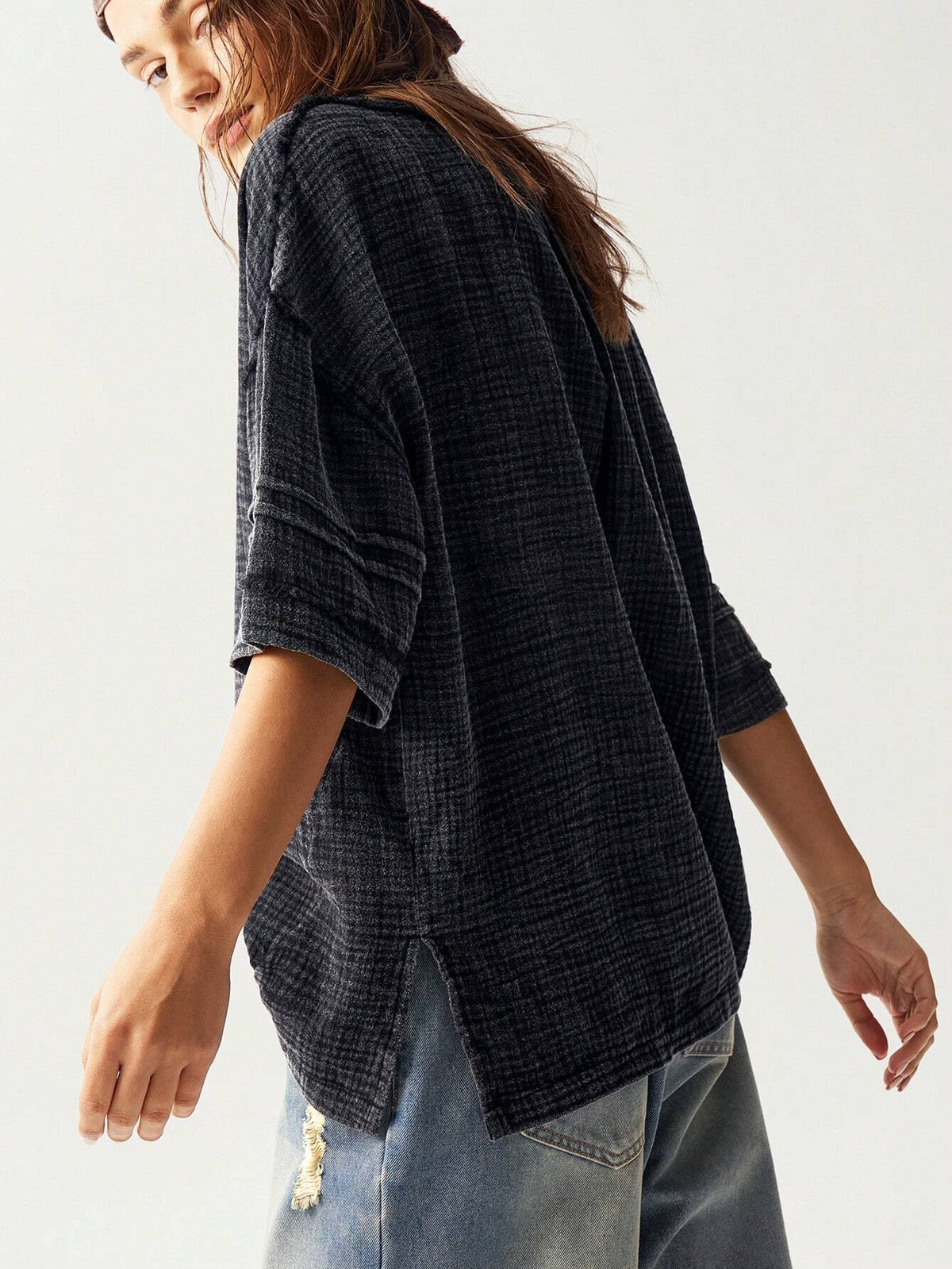 Bohemela Women Casual Solid Color Fringe Side Slit Short Sleeve Shirt