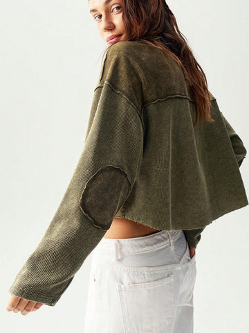 Women's Casual Solid Color Knitted Crew Neck Long Sleeve Loose T-Shirt