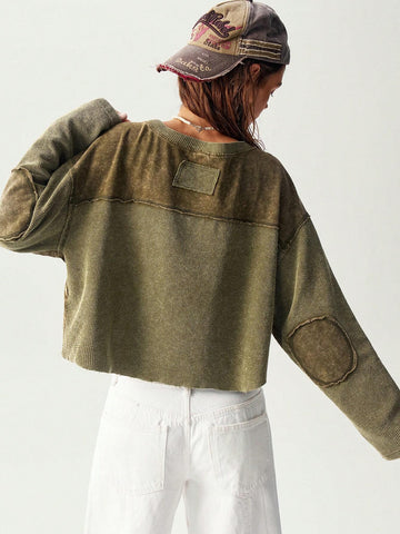 Women's Casual Solid Color Knitted Crew Neck Long Sleeve Loose T-Shirt