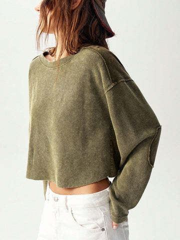 Women's Casual Solid Color Knitted Crew Neck Long Sleeve Loose T-Shirt