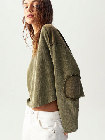 Women's Casual Solid Color Knitted Crew Neck Long Sleeve Loose T-Shirt
