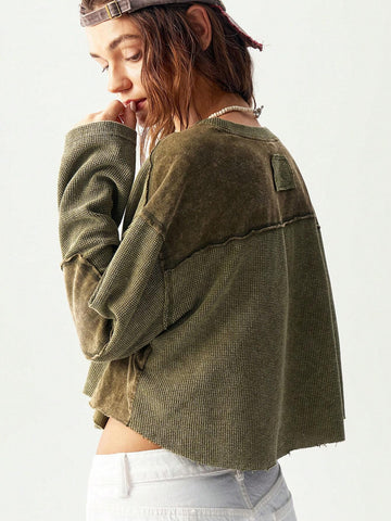 Women's Casual Solid Color Knitted Crew Neck Long Sleeve Loose T-Shirt