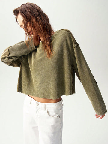 Women's Casual Solid Color Knitted Crew Neck Long Sleeve Loose T-Shirt