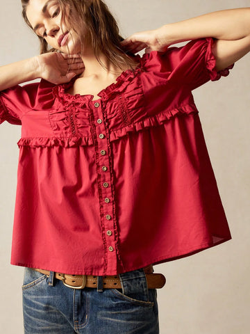 Bohemela Women's Casual Solid Color Loose Woven Short Sleeve Blouse