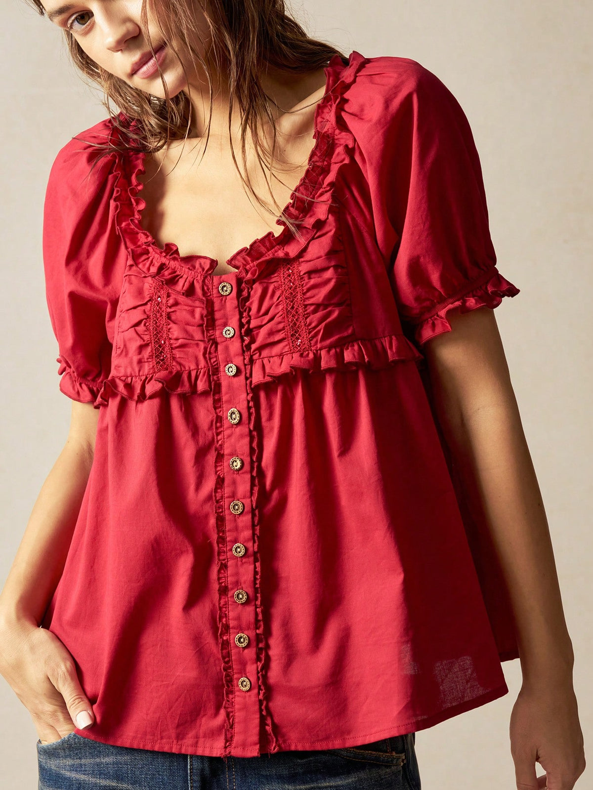 Bohemela Women's Casual Solid Color Loose Woven Short Sleeve Blouse