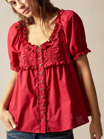 Bohemela Women's Casual Solid Color Loose Woven Short Sleeve Blouse